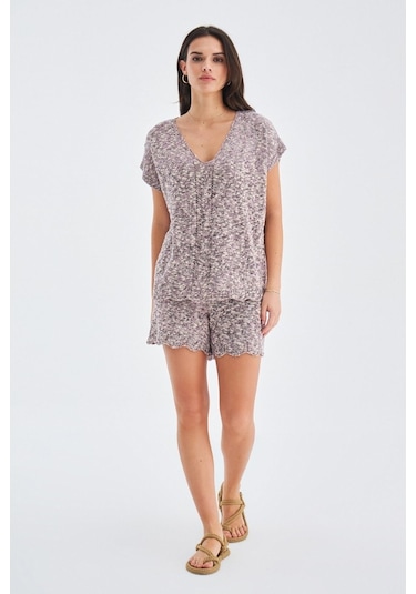 Peraluna Renge Blouse & Shorts Yazlık Viskonlu Kadın Triko Şort T Lila