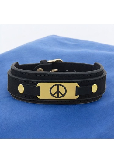 Archin Barış Temalı Oval Motifli 14 Ayar Altın Plakalı Doğal Siyah Derili Hediye Bileklik-438sembol Barış