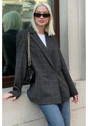 Antrasit Kareli Kadın Blazer Ceket Mg2624 Antrasit