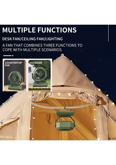Symbee A26 Yeşil Kamp Fanı, 6000mah Pil, 3 Seviye Işık Ve Rüzgar, Otomatik Sallama, Portatif Dış Mekan Kullanıma Uygun