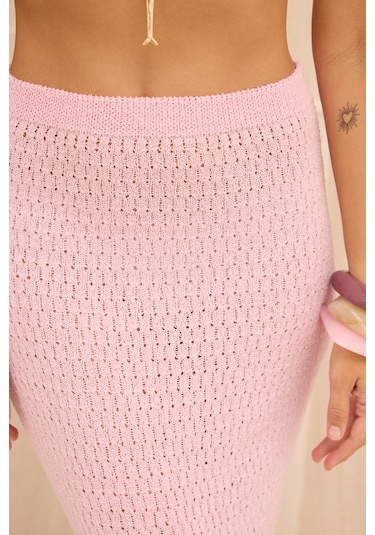 Mai Collection Pangestu Üçgen Pembe Crop Etek Triko Takım