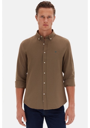 Ds Damat Slim Fit Haki Oxford Düğmeli Yaka Kolay Ütülenebilir Nakış Detaylı Pamuklu Gömlek 4HC02ORT03265 Haki