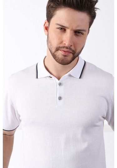 Ferraro Beyaz/Bej Yaka Şerit Düğmeli Erkek Pamuk Triko T-Shirt