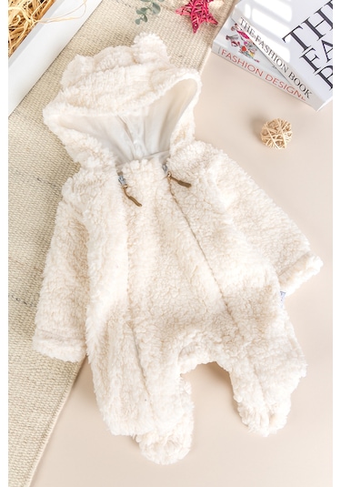 Kapüşonlu Ayıcık Fiğürlü Welsoft Peluş Kışlık Kız/erkek Bebek Tulum Krem