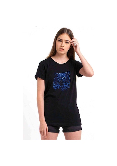 Blue Owl Baskılı Siyah Kadın Tshirt