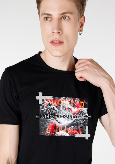 Colins Regular Fit Bisiklet Yaka Baskılı Siyah Erkek Kısa Kol Tişört Cl1064711 Siyah