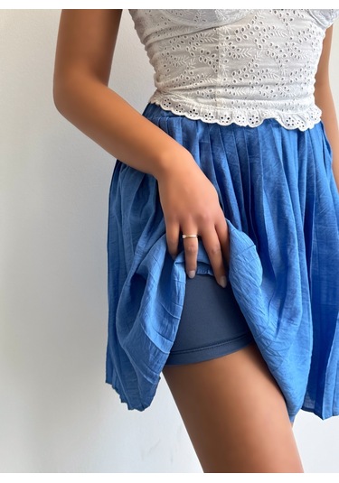 Kadın Modal Dokulu Piliseli Şortlu Mini Etek Mavi Kadın Modal Dokulu Piliseli Şortlu Mini Etek Mavi