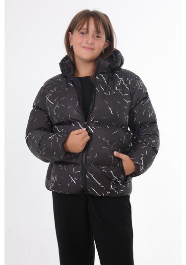 Kız Çocuk Siyah Çıkabilir Kapüşonlu Su Ve Rüzgar Geçirmez Cepli Kışlık Şişme Mont & Kaban & Parka Siyah