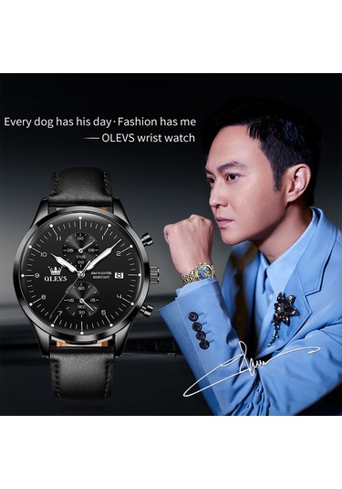 Olevs 2880 Erkekler Çok Fonksiyonlu İş Su Geçirmez Deri Kayış Kuvars İzle Siyah