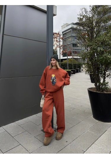 Reka Moda Bisiklet Yaka Üç İplik Sweat Takım - Kiremit Kiremit