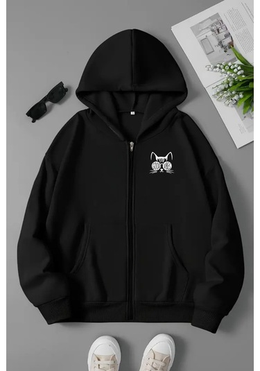 Unisex Siyah Kapüşonlu Fermuarlı Sweatshirt Good Vibe Kedicik Baskılı, Şardonlu Kalın Kumaş Siyah