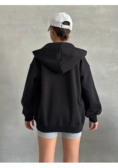 Kadın Fermuarlı Oversize Sweat Hırka Siyah