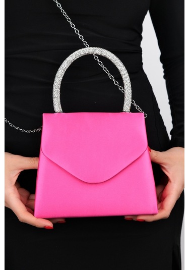 Luvishoes Monako Fuşya Saten Taşlı Kadın El Çantası Çok Renkli