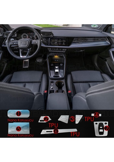 Audi A3 Uyumlu Navigasyon Dijital Gösterge Nano Ve Piano Black 9h Tpu Koruyucu 7 Li Set