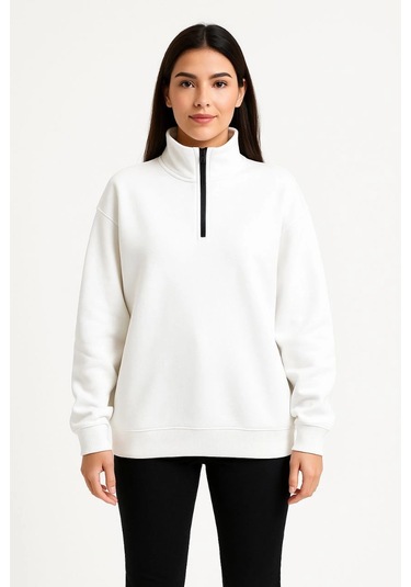 Üç İplik Dık Yaka Yarım Fermuarlı Sweatshirt - Beyaz -vlmr Beyaz