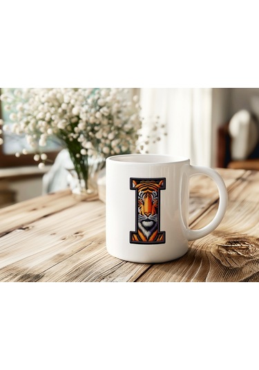 I Harfi Kaplan Figürlü Nakış Desenli Kupa Bardak - Kişiye Özel Vahşi Hayvan Desenli Kupa - Hediye Beyaz