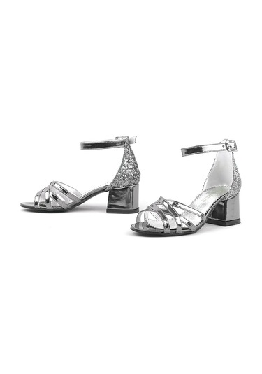 Platin Kalın Topuklu Kız Çocuk Abiye Ayakkabı Platin