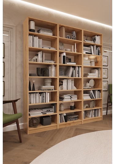 Asra Trend K-21 %100 MDF 180 cm 3 Modüllü Kitaplık 21 Raflı Dev Kütüphane Safir Meşe