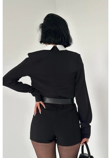Siyah Önü Kravat Detaylı Bluz Siyah