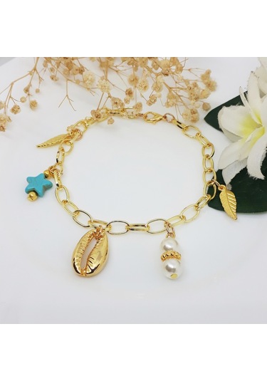 Turkuaz Doğal Taş & Altın Kaplama Deniz Kabuğu & Bakla Zincir Kad