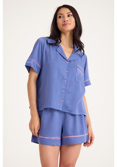Dream Mavi/pembe Kısa Kollu Şortlu Önden Düğmeli 4 Parça Pijama Takım Set Mavi/pembe
