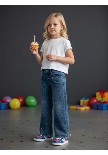 Zekids Kız Çocuk Taş İşlemeli Geniş Paçalı Mavi Kot Pantolon-16613 Mavi
