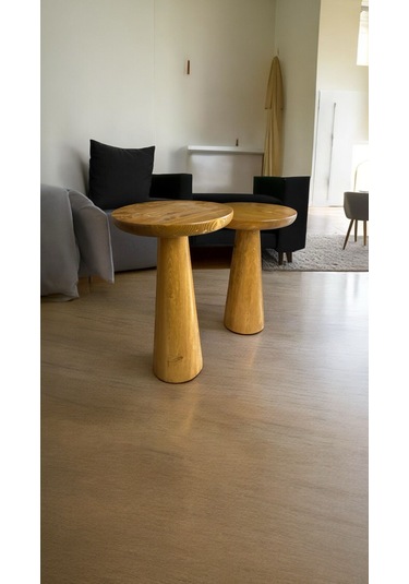 Wood Ahşap 2'li Set Konik Model Mantar Yan Sehpa Modern Meşe Renk