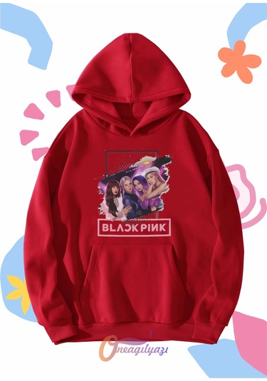 Çocuk Unisex Blackpink Kızlar Baskılı Oversize Kapüşönlü Sweatshirt Kırmızı