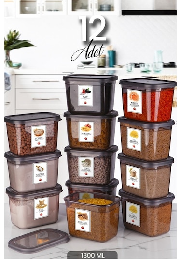 KitchenLife 12 Adet Etiketli Dikdörtgen Baharatlık Takımı Seti 1300 Ml Süper Set Antrasit