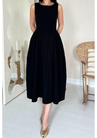 Siyah Yanları Büzgülü Midi Boy Keten Elbise Çok renkli