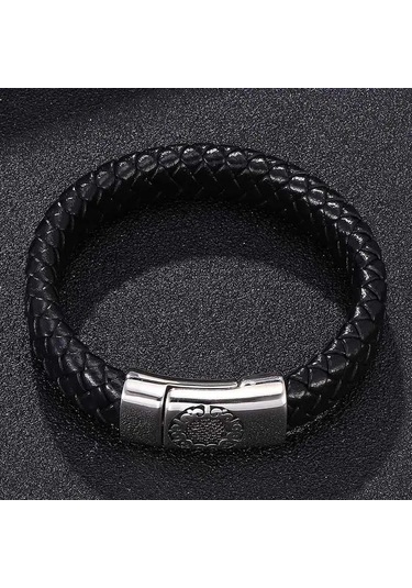 Üniseks Örgülü Hakiki Deri Bileklik Paslanmaz Çelik Tokalı Kadınlar Erkekler İçin Hediye Trend Takı Dokuma Bileklik Siyah