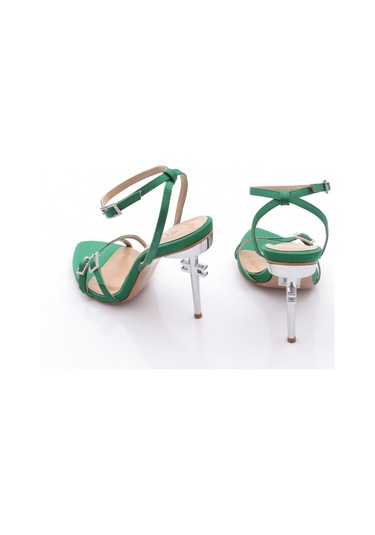 Dgn 1275 Kadin Tokali Bilekten Bağlama Topuklu Ayakkabi Yeşil Saten