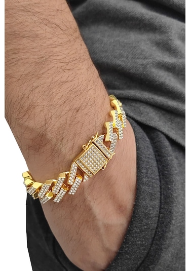 Chavin 15 Mm. Gold Kalın Taşlı Alloy Erkek Bileklik Ek19Sr Sarı