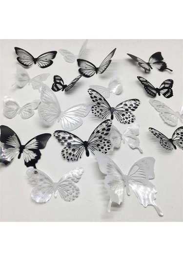 Else Nippon 18 Adet 3d Duvar Sticker Çift Kanatlı Kelebek Pvc Wal Beyaz - Siyah