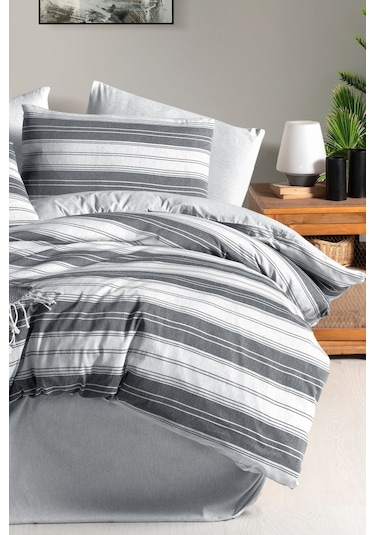 Mystory Home Lastikli Çarşaflı Tek Kişilik Nevresim Takımı Çizgili Gri