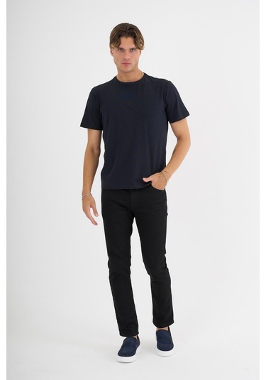 Erkek Lacivert %100 Pamuklu Standart Kalıp Likralı Basic T-shirt Siyah