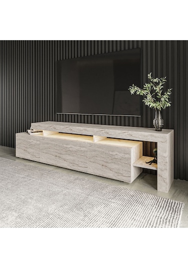Beliz Modern LED Işıklı 3 Kapaklı, Raflı TV Sehpası – 192 cm, Traverten