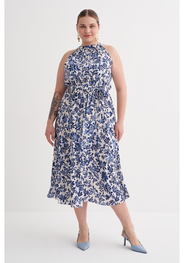 Halter Yaka Kuşaklı Desenli Uzun Elbise-6215 Mavi
