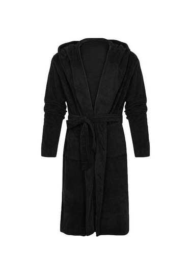 Flybuy Erkek Uzun Kapşonlu Bornoz, Sıcak Ve Rahat, Tam Boy Gecelik Siyah