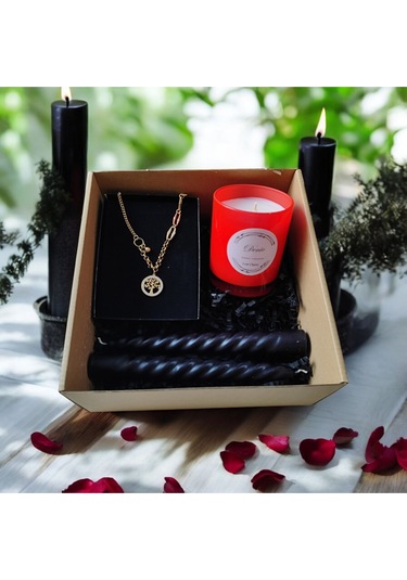 Denic Hediye Seti Kokulu Kırmızı Bardak Mum Yaşam Agacı Kolye Burgulu Mum