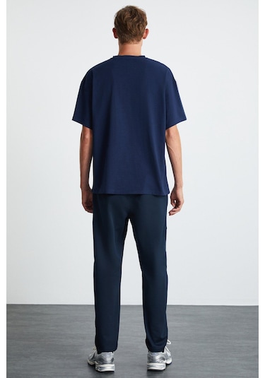 GRIMELANGE Rıver Erkek Oversize Fit Bol Kesim Nakış Işlemeli Basic Örme Lacivert T-shirt Lacivert