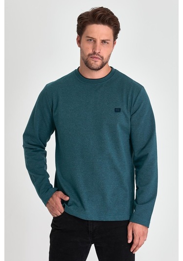 MMetalic Erkek Petrol Çift Bisiklet Yaka Baskı Detaylı Standart Rahat Kesim Sweatshirt Yeşil