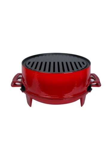 Lava Döküm Yuvarlak Mangal Izgara Set Döküm Demir Yekpare Çift Kulplu Çap Ø 36cm. - Kırmızı Kırmızı
