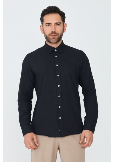 White Stone Siyah %100 Pamuk Dynamic Fit Erkek Uzun Kollu Gömlek