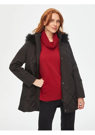 Faik Sönmez Kürk Kapüşonlu Kapitone Kadın Kaban B00041 Siyah