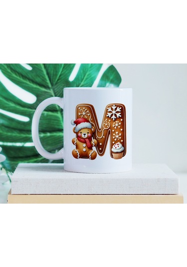 M Kurabiye Harf Ve Ayıcık Detaylı Kupa Bardak - Yeni Yıl / Yılbaşı Temalı Tasarım - Noel Hediye Beyaz