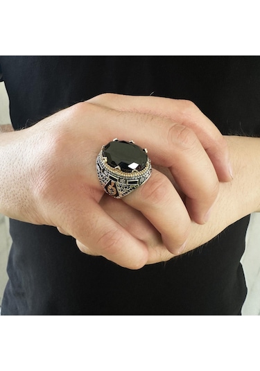 925 Ayar Gümüş Siyah Zirkon Taşlı Mineli Erkek Yüzük Gümüş
