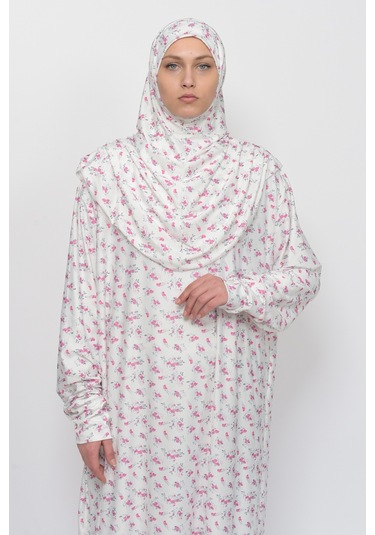 Pratik Tek Parça Çiçek Desenli Kollu Tak Çıkar Başörtülü Likralı Tesettür Namaz Elbisesi 990-0201 Pembe Antrasit