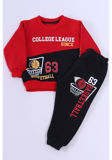 Erkek Bebek 3 İplik Eşofman Takımı Basketbol Baskılı A45 Kırmızı