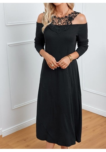 Nnstartshopping Kadın Uzun Kollu Yaka Önü Güpürlü Madonna Yaka Viskon Midi Boy Elbise Siyah